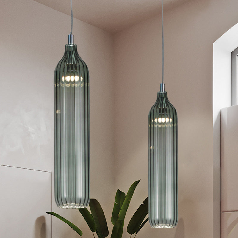 Cylinder Hanging Lighting Vintage Clear/Light Grey Ribbed Glass 1 Light Dining Room LED Pendant Lamp Light Gray Clearhalo 'Ceiling Lights' 'Close To Ceiling Lights' 'Glass shade' 'Glass' 'Modern Pendants' 'Modern' 'Pendant Lights' 'Pendants' Lighting' 756983