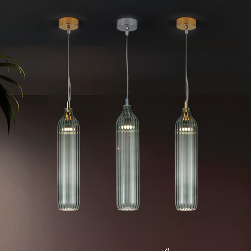 Cylinder Hanging Lighting Vintage Clear/Light Grey Ribbed Glass 1 Light Dining Room LED Pendant Lamp Clearhalo 'Ceiling Lights' 'Close To Ceiling Lights' 'Glass shade' 'Glass' 'Modern Pendants' 'Modern' 'Pendant Lights' 'Pendants' Lighting' 756984