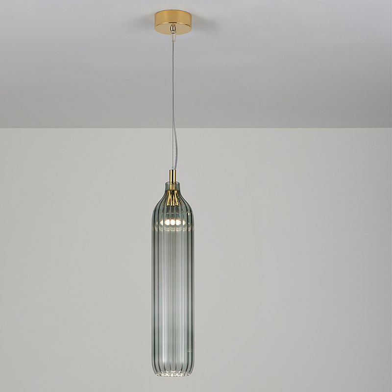 Cylinder Hanging Lighting Vintage Clear/Light Grey Ribbed Glass 1 Light Dining Room LED Pendant Lamp Clearhalo 'Ceiling Lights' 'Close To Ceiling Lights' 'Glass shade' 'Glass' 'Modern Pendants' 'Modern' 'Pendant Lights' 'Pendants' Lighting' 756985