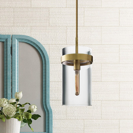 Brass Cylinder Ceiling Pendant Light Postmodern 1 Light Clear Glass Hanging Lamp Kit Brass Clearhalo 'Ceiling Lights' 'Glass shade' 'Glass' 'Modern Pendants' 'Modern' 'Pendant Lights' 'Pendants' Lighting' 756991