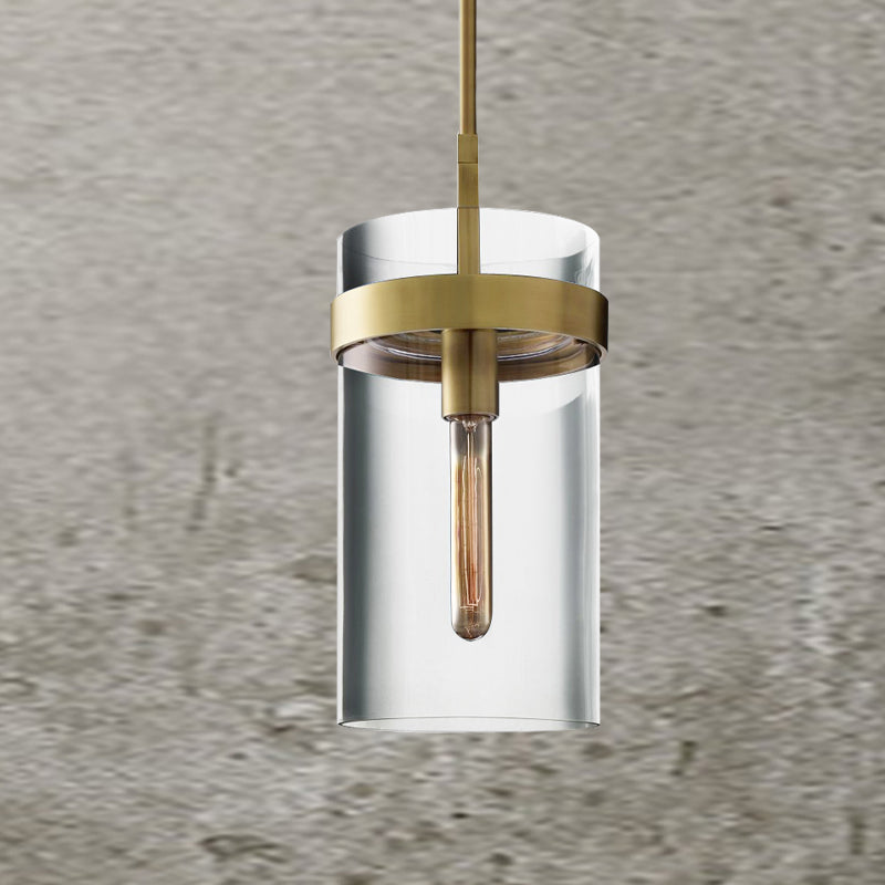 Brass Cylinder Ceiling Pendant Light Postmodern 1 Light Clear Glass Hanging Lamp Kit Clearhalo 'Ceiling Lights' 'Glass shade' 'Glass' 'Modern Pendants' 'Modern' 'Pendant Lights' 'Pendants' Lighting' 756992