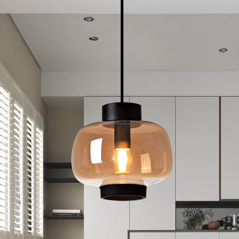 Lantern Living Room Suspension Light Smoke Gray/Cream/Cognac Glass 1-Head Modernism Hanging Pendant Clearhalo 'Ceiling Lights' 'Glass shade' 'Glass' 'Modern Pendants' 'Modern' 'Pendant Lights' 'Pendants' Lighting' 757012