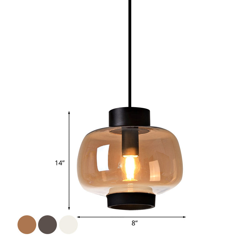 Lantern Living Room Suspension Light Smoke Gray/Cream/Cognac Glass 1-Head Modernism Hanging Pendant Clearhalo 'Ceiling Lights' 'Glass shade' 'Glass' 'Modern Pendants' 'Modern' 'Pendant Lights' 'Pendants' Lighting' 757014