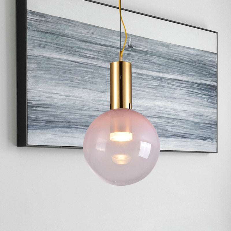 Gradient Pink Glass Ball Suspension Light Contemporary 1-Head Ceiling Hang Fixture in Gold Pink Clearhalo 'Ceiling Lights' 'Glass shade' 'Glass' 'Modern Pendants' 'Modern' 'Pendant Lights' 'Pendants' Lighting' 757043