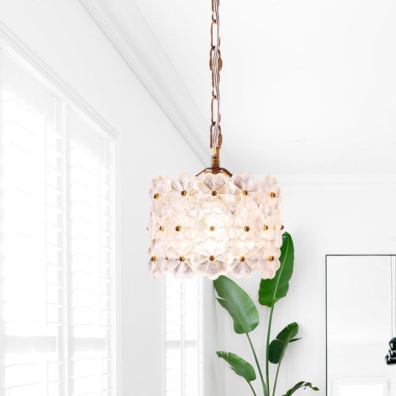 Drum White Floral Glass Hanging Light Kit Contemporary 1-Light Brass Ceiling Pendant Lamp Clearhalo 'Ceiling Lights' 'Close To Ceiling Lights' 'Glass shade' 'Glass' 'Modern Pendants' 'Modern' 'Pendant Lights' 'Pendants' Lighting' 757060