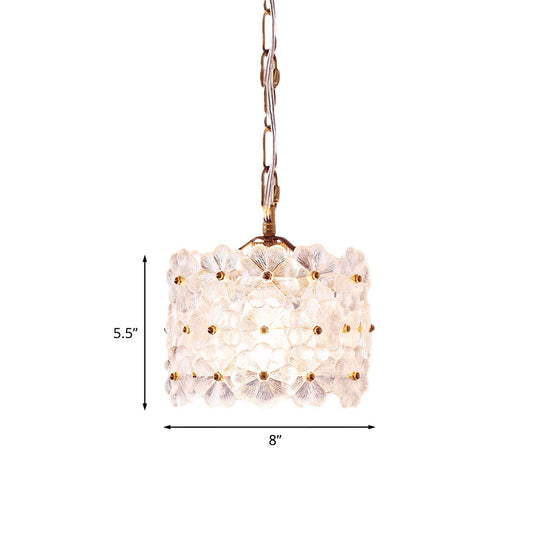 Drum White Floral Glass Hanging Light Kit Contemporary 1-Light Brass Ceiling Pendant Lamp Clearhalo 'Ceiling Lights' 'Close To Ceiling Lights' 'Glass shade' 'Glass' 'Modern Pendants' 'Modern' 'Pendant Lights' 'Pendants' Lighting' 757062