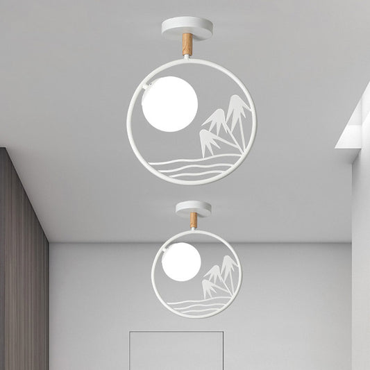 Iron Loop Semi Mount Lighting Macaron 1 Light White/Grey/Green Finish Ceiling Flush with Ball Opal Glass Shade Clearhalo 'Ceiling Lights' 'Close To Ceiling Lights' 'Close to ceiling' 'Glass shade' 'Glass' 'Pendant Lights' 'Semi-flushmount' Lighting' 757072