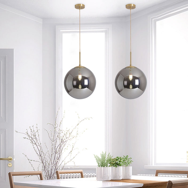 6"/10" Wide Globe Ceiling Pendant Light Modernist Tan/Smoke Gray Mirror Glass 1 Light Dining Room Suspension Lamp Smoke Gray Clearhalo 'Ceiling Lights' 'Glass shade' 'Glass' 'Modern Pendants' 'Modern' 'Pendant Lights' 'Pendants' Lighting' 757075