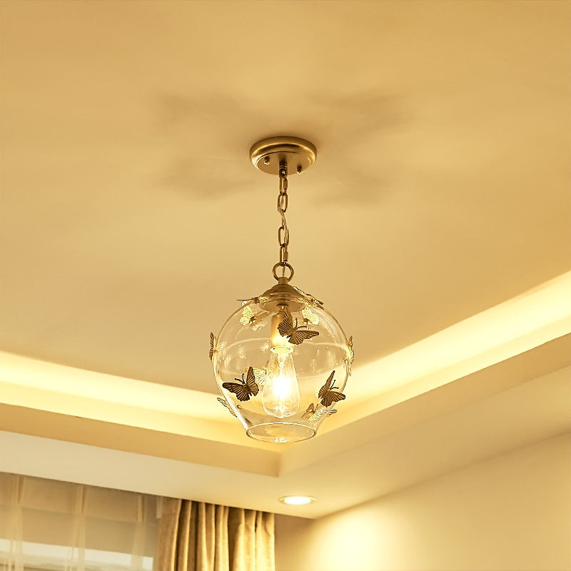 Contemporary Bud Drop Pendant Light Clear Glass 1-Light Bedroom Suspension Lamp with Butterfly Deco Clear Clearhalo 'Ceiling Lights' 'Close To Ceiling Lights' 'Glass shade' 'Glass' 'Modern Pendants' 'Modern' 'Pendant Lights' 'Pendants' Lighting' 757096