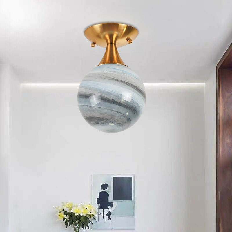 Globe Blue Glass Flush Mounted Light Contemporary 1 Light Gold Flush Lamp Fixture Blue Clearhalo 'Ceiling Lights' 'Close To Ceiling Lights' 'Close to ceiling' 'Flush mount' Lighting' 757116