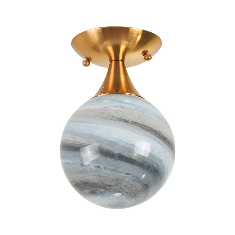 Globe Blue Glass Flush Mounted Light Contemporary 1 Light Gold Flush Lamp Fixture Clearhalo 'Ceiling Lights' 'Close To Ceiling Lights' 'Close to ceiling' 'Flush mount' Lighting' 757117