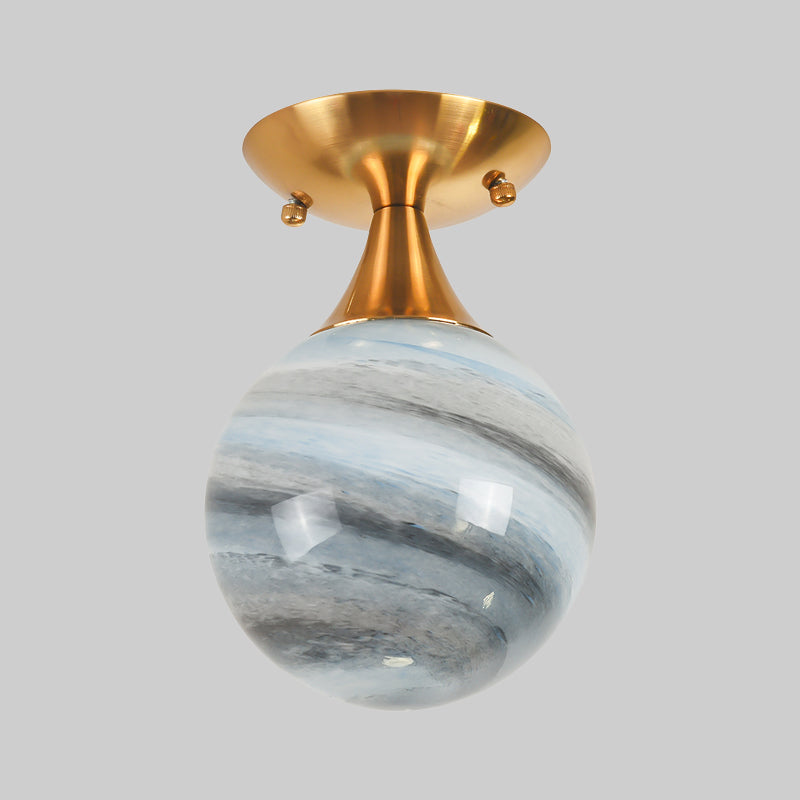 Globe Blue Glass Flush Mounted Light Contemporary 1 Light Gold Flush Lamp Fixture Clearhalo 'Ceiling Lights' 'Close To Ceiling Lights' 'Close to ceiling' 'Flush mount' Lighting' 757118