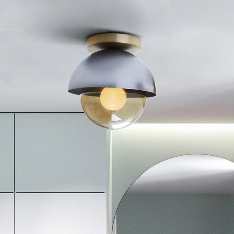 Metal Dome Flush Ceiling Light Postmodern 1-Light Grey Flushmount Lamp with Orb Amber Glass Shade Grey Clearhalo 'Ceiling Lights' 'Close To Ceiling Lights' 'Close to ceiling' 'Flush mount' Lighting' 757120