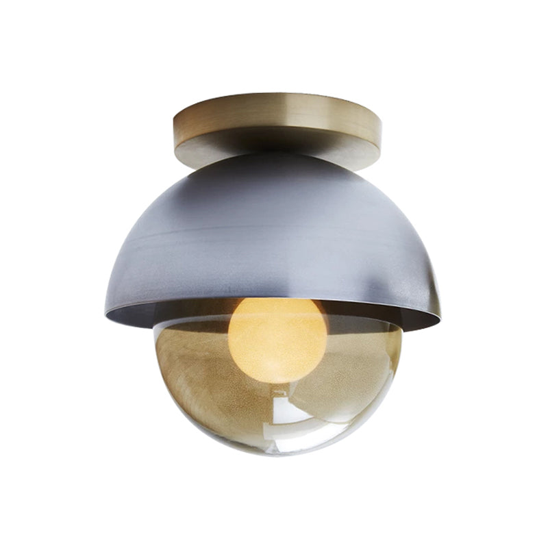 Metal Dome Flush Ceiling Light Postmodern 1-Light Grey Flushmount Lamp with Orb Amber Glass Shade Clearhalo 'Ceiling Lights' 'Close To Ceiling Lights' 'Close to ceiling' 'Flush mount' Lighting' 757121