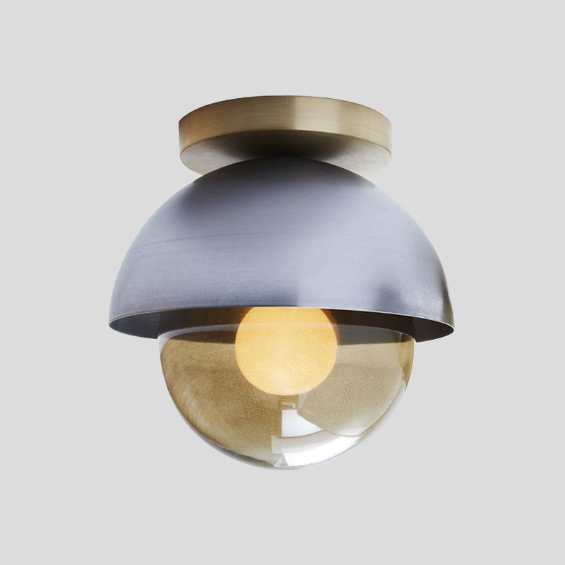 Metal Dome Flush Ceiling Light Postmodern 1-Light Grey Flushmount Lamp with Orb Amber Glass Shade Clearhalo 'Ceiling Lights' 'Close To Ceiling Lights' 'Close to ceiling' 'Flush mount' Lighting' 757122