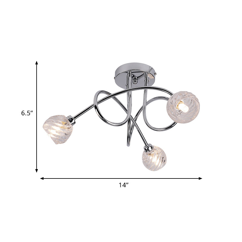 Modernism Pineapple Semi Mount Lighting Clear Glass 3 Lights Bedroom LED Close to Ceiling Lamp with Chrome Twisted Arm Clearhalo 'Ceiling Lights' 'Close To Ceiling Lights' 'Close to ceiling' 'Glass shade' 'Glass' 'Semi-flushmount' Lighting' 757139