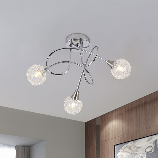 Ball Clear Glass Semi Flush Light Fixture Modern 3-Light Chrome Twist LED Flush Ceiling Lamp with Aluminum Silk Ball Shade Chrome Clearhalo 'Ceiling Lights' 'Close To Ceiling Lights' 'Close to ceiling' 'Glass shade' 'Glass' 'Semi-flushmount' Lighting' 757140