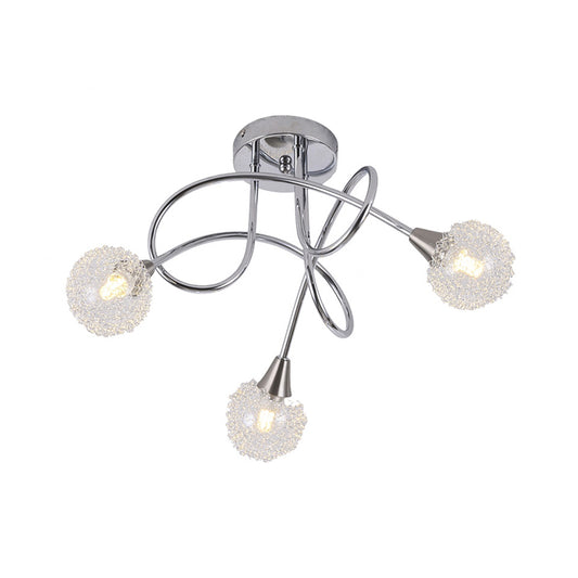 Ball Clear Glass Semi Flush Light Fixture Modern 3-Light Chrome Twist LED Flush Ceiling Lamp with Aluminum Silk Ball Shade Clearhalo 'Ceiling Lights' 'Close To Ceiling Lights' 'Close to ceiling' 'Glass shade' 'Glass' 'Semi-flushmount' Lighting' 757141