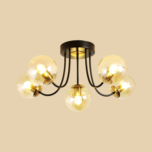 Spherical Semi Flush Ceiling Light Post Modern White Frosted/Amber Glass 5 Bulbs Bedroom Flush Mounted Lamp Clearhalo 'Ceiling Lights' 'Close To Ceiling Lights' 'Close to ceiling' 'Glass shade' 'Glass' 'Semi-flushmount' Lighting' 757159