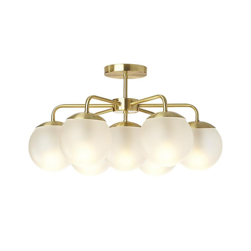 7-Head Bedroom Semi Flush Postmodern Brass Finish Radial Close to Ceiling Lamp with Ball Foggy Glass Shade Clearhalo 'Ceiling Lights' 'Close To Ceiling Lights' 'Close to ceiling' 'Glass shade' 'Glass' 'Semi-flushmount' Lighting' 757161