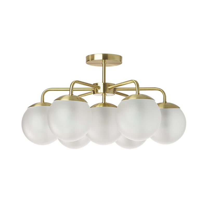 7-Head Bedroom Semi Flush Postmodern Brass Finish Radial Close to Ceiling Lamp with Ball Foggy Glass Shade Clearhalo 'Ceiling Lights' 'Close To Ceiling Lights' 'Close to ceiling' 'Glass shade' 'Glass' 'Semi-flushmount' Lighting' 757162