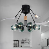 48" W Bud Ceiling Fan Light Modernist Green Dimpled Glass 6 Lights Black Semi Flush Mount Lamp with 3 Clear Blades Clearhalo 'Ceiling Fans with Lights' 'Ceiling Fans' 'Modern Ceiling Fans' 'Modern' Lighting' 757177