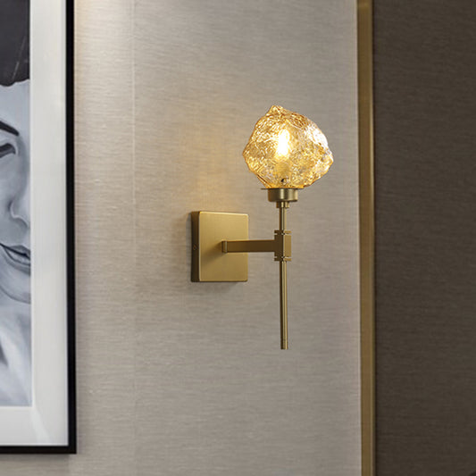 Brass Ice Block Wall Light Sconce Post Modern 1 Head Amber/Smoke Gray Glass Wall Mounted Lamp for Living Room Amber Clearhalo 'Cast Iron' 'Glass' 'Industrial' 'Modern wall lights' 'Modern' 'Tiffany' 'Traditional wall lights' 'Wall Lamps & Sconces' 'Wall Lights' Lighting' 757184