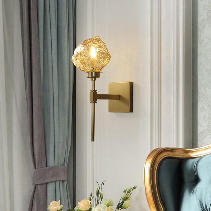 Brass Ice Block Wall Light Sconce Post Modern 1 Head Amber/Smoke Gray Glass Wall Mounted Lamp for Living Room Clearhalo 'Cast Iron' 'Glass' 'Industrial' 'Modern wall lights' 'Modern' 'Tiffany' 'Traditional wall lights' 'Wall Lamps & Sconces' 'Wall Lights' Lighting' 757185