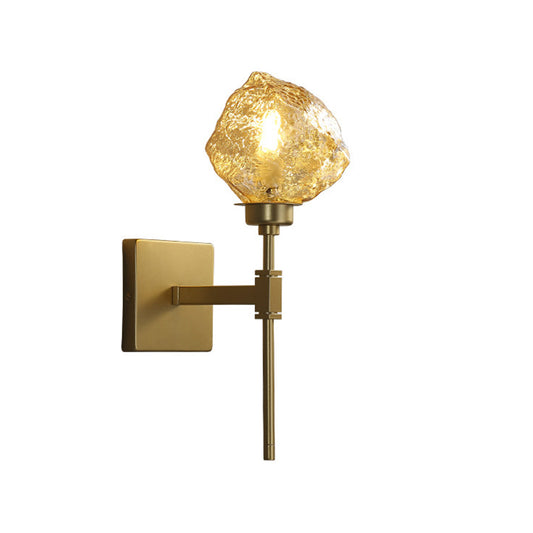 Brass Ice Block Wall Light Sconce Post Modern 1 Head Amber/Smoke Gray Glass Wall Mounted Lamp for Living Room Clearhalo 'Cast Iron' 'Glass' 'Industrial' 'Modern wall lights' 'Modern' 'Tiffany' 'Traditional wall lights' 'Wall Lamps & Sconces' 'Wall Lights' Lighting' 757186