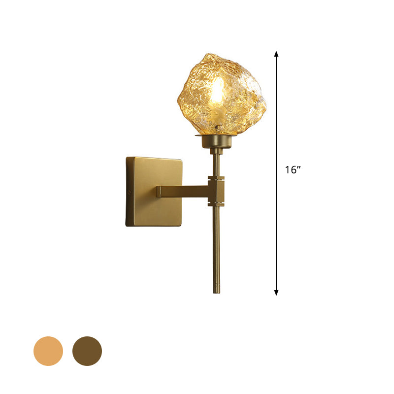 Brass Ice Block Wall Light Sconce Post Modern 1 Head Amber/Smoke Gray Glass Wall Mounted Lamp for Living Room Clearhalo 'Cast Iron' 'Glass' 'Industrial' 'Modern wall lights' 'Modern' 'Tiffany' 'Traditional wall lights' 'Wall Lamps & Sconces' 'Wall Lights' Lighting' 757187