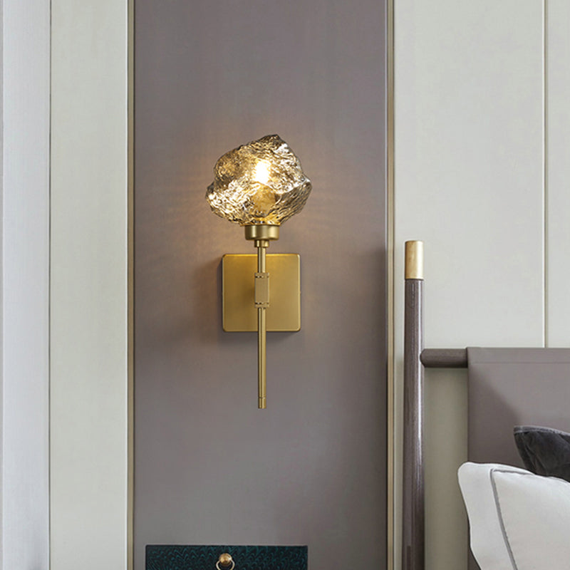 Brass Ice Block Wall Light Sconce Post Modern 1 Head Amber/Smoke Gray Glass Wall Mounted Lamp for Living Room Clearhalo 'Cast Iron' 'Glass' 'Industrial' 'Modern wall lights' 'Modern' 'Tiffany' 'Traditional wall lights' 'Wall Lamps & Sconces' 'Wall Lights' Lighting' 757189