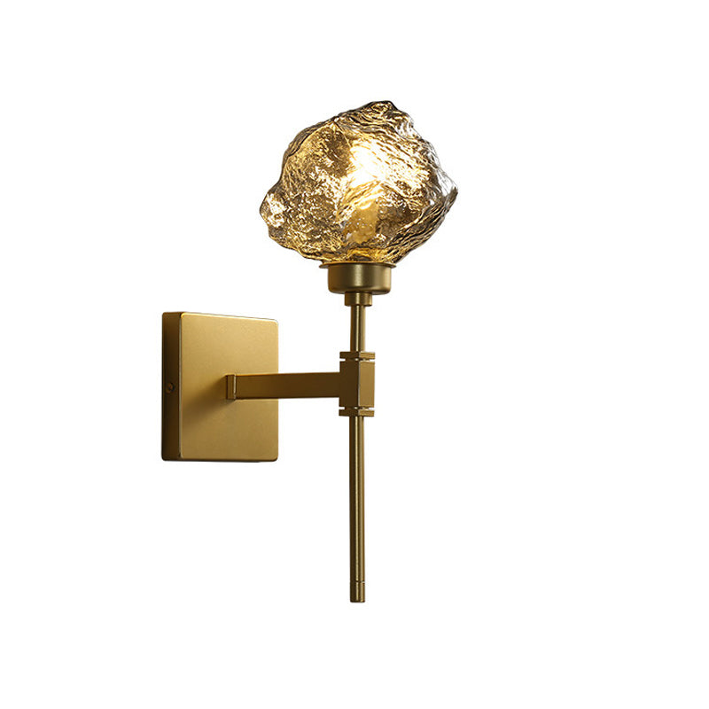 Brass Ice Block Wall Light Sconce Post Modern 1 Head Amber/Smoke Gray Glass Wall Mounted Lamp for Living Room Clearhalo 'Cast Iron' 'Glass' 'Industrial' 'Modern wall lights' 'Modern' 'Tiffany' 'Traditional wall lights' 'Wall Lamps & Sconces' 'Wall Lights' Lighting' 757190