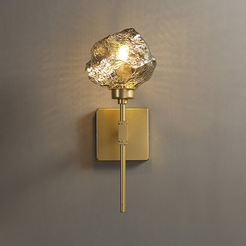 Brass Ice Block Wall Light Sconce Post Modern 1 Head Amber/Smoke Gray Glass Wall Mounted Lamp for Living Room Clearhalo 'Cast Iron' 'Glass' 'Industrial' 'Modern wall lights' 'Modern' 'Tiffany' 'Traditional wall lights' 'Wall Lamps & Sconces' 'Wall Lights' Lighting' 757191