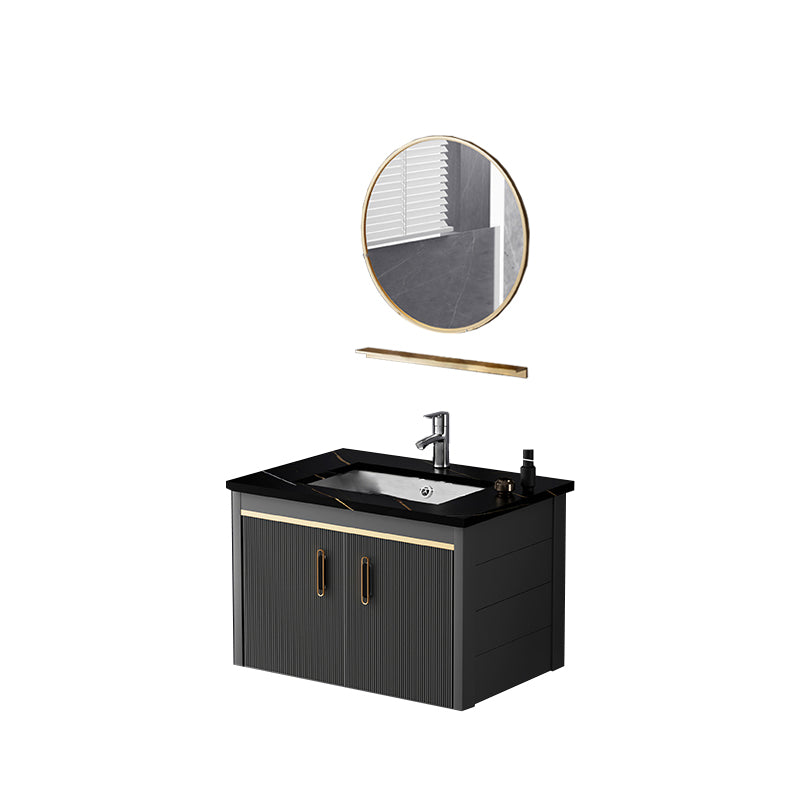 Glam Single-Sink Bathroom Vanity Dark Black Ceramic Rectangular Vanity Set Vanity & Faucet & Mirrors 24"L x 19"W x 16"H Stone Clearhalo 'Bathroom Remodel & Bathroom Fixtures' 'Bathroom Vanities' 'bathroom_vanities' 'Home Improvement' 'home_improvement' 'home_improvement_bathroom_vanities' 7572968