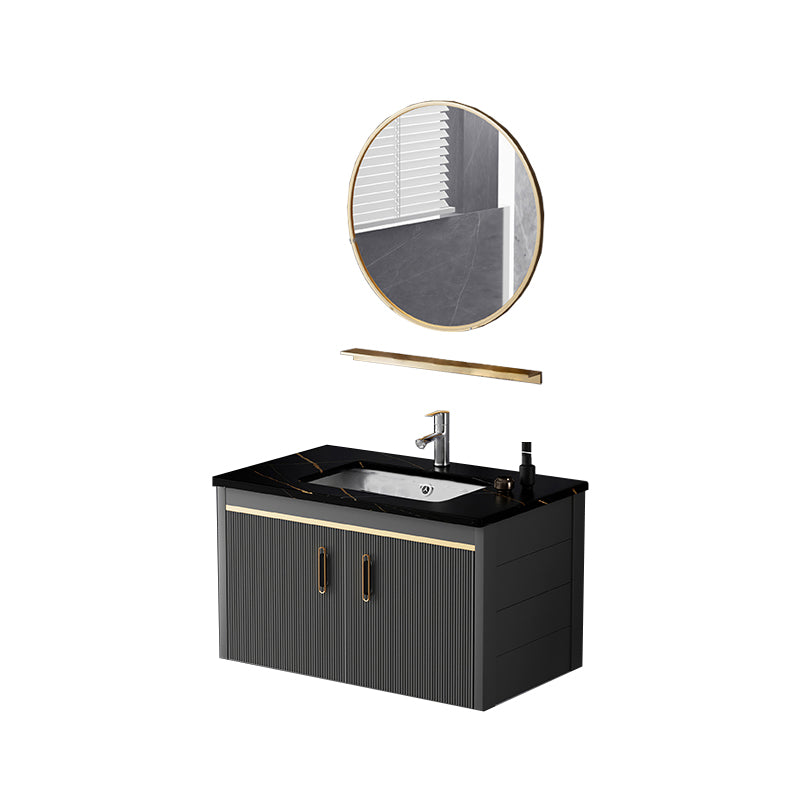 Glam Single-Sink Bathroom Vanity Dark Black Ceramic Rectangular Vanity Set Vanity & Faucet & Mirrors 28"L x 19"W x 16"H Stone Clearhalo 'Bathroom Remodel & Bathroom Fixtures' 'Bathroom Vanities' 'bathroom_vanities' 'Home Improvement' 'home_improvement' 'home_improvement_bathroom_vanities' 7572969