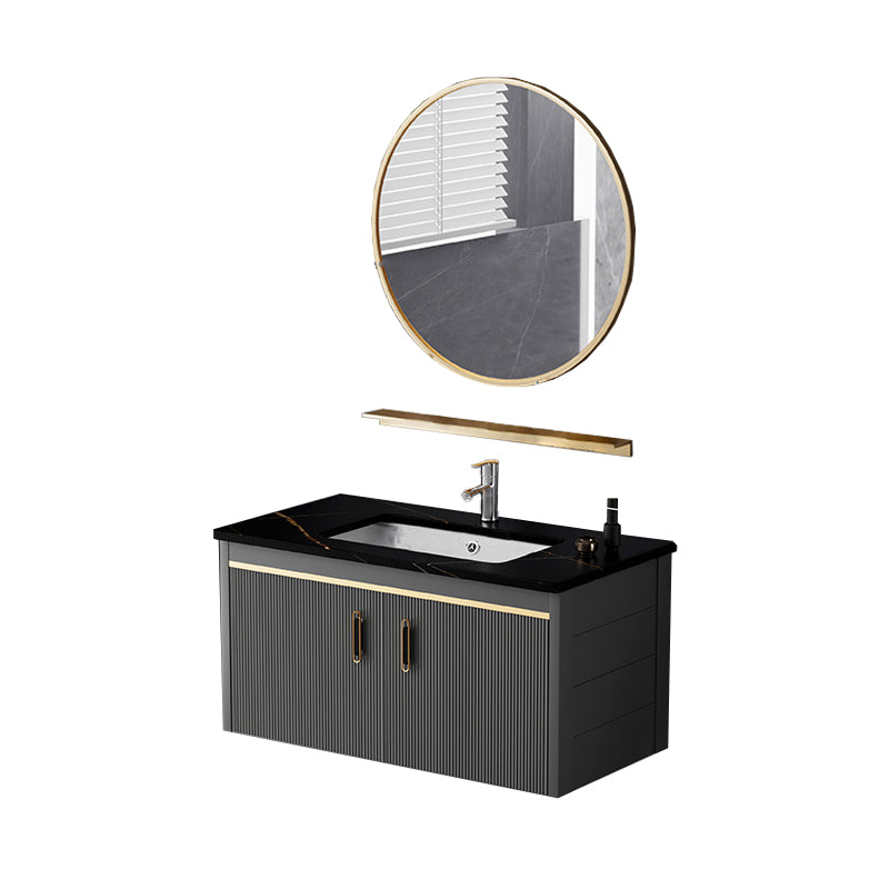 Glam Single-Sink Bathroom Vanity Dark Black Ceramic Rectangular Vanity Set Vanity & Faucet & Mirrors 31"L x 19"W x 16"H Stone Clearhalo 'Bathroom Remodel & Bathroom Fixtures' 'Bathroom Vanities' 'bathroom_vanities' 'Home Improvement' 'home_improvement' 'home_improvement_bathroom_vanities' 7572971