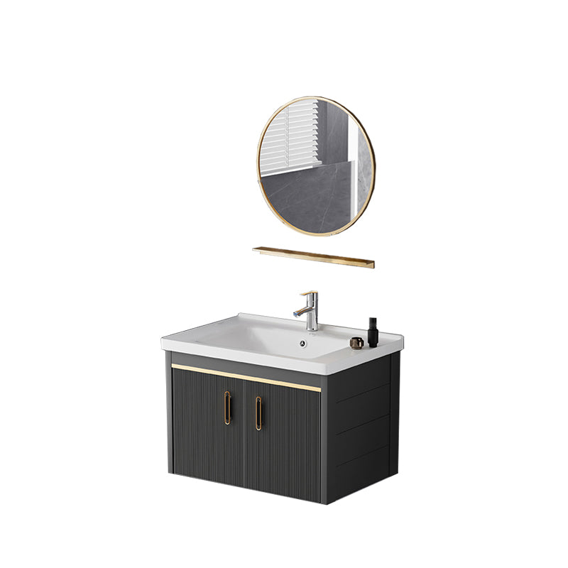 Glam Single-Sink Bathroom Vanity Dark Black Ceramic Rectangular Vanity Set Vanity & Faucet & Mirrors 24"L x 14"W x 16"H Ceramic Clearhalo 'Bathroom Remodel & Bathroom Fixtures' 'Bathroom Vanities' 'bathroom_vanities' 'Home Improvement' 'home_improvement' 'home_improvement_bathroom_vanities' 7572977