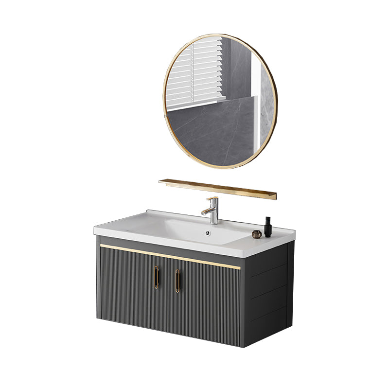 Glam Single-Sink Bathroom Vanity Dark Black Ceramic Rectangular Vanity Set Vanity & Faucet & Mirrors 31"L x 19"W x 16"H Ceramic Clearhalo 'Bathroom Remodel & Bathroom Fixtures' 'Bathroom Vanities' 'bathroom_vanities' 'Home Improvement' 'home_improvement' 'home_improvement_bathroom_vanities' 7572981