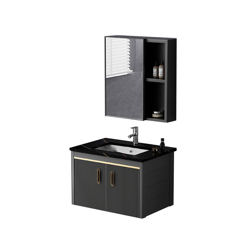 Glam Single-Sink Bathroom Vanity Dark Black Ceramic Rectangular Vanity Set Vanity & Faucet & Mirror Cabinet 24"L x 19"W x 16"H Stone Clearhalo 'Bathroom Remodel & Bathroom Fixtures' 'Bathroom Vanities' 'bathroom_vanities' 'Home Improvement' 'home_improvement' 'home_improvement_bathroom_vanities' 7572983