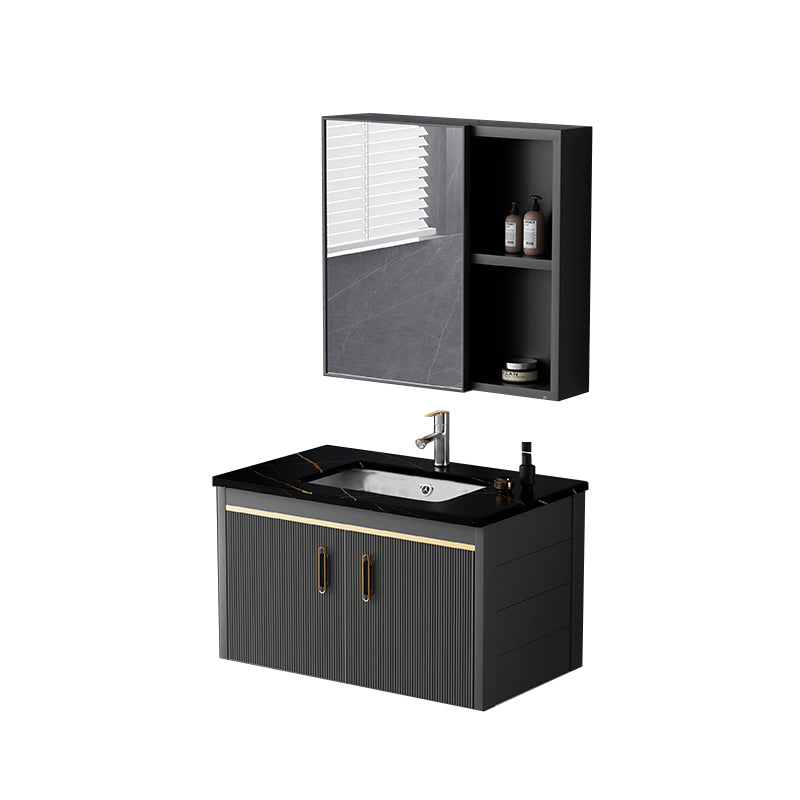 Glam Single-Sink Bathroom Vanity Dark Black Ceramic Rectangular Vanity Set Vanity & Faucet & Mirror Cabinet 28"L x 19"W x 16"H Stone Clearhalo 'Bathroom Remodel & Bathroom Fixtures' 'Bathroom Vanities' 'bathroom_vanities' 'Home Improvement' 'home_improvement' 'home_improvement_bathroom_vanities' 7572986