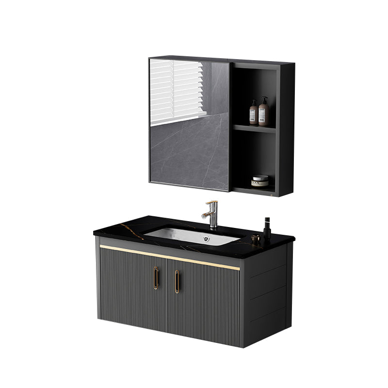 Glam Single-Sink Bathroom Vanity Dark Black Ceramic Rectangular Vanity Set Vanity & Faucet & Mirror Cabinet 31"L x 19"W x 16"H Stone Clearhalo 'Bathroom Remodel & Bathroom Fixtures' 'Bathroom Vanities' 'bathroom_vanities' 'Home Improvement' 'home_improvement' 'home_improvement_bathroom_vanities' 7572987