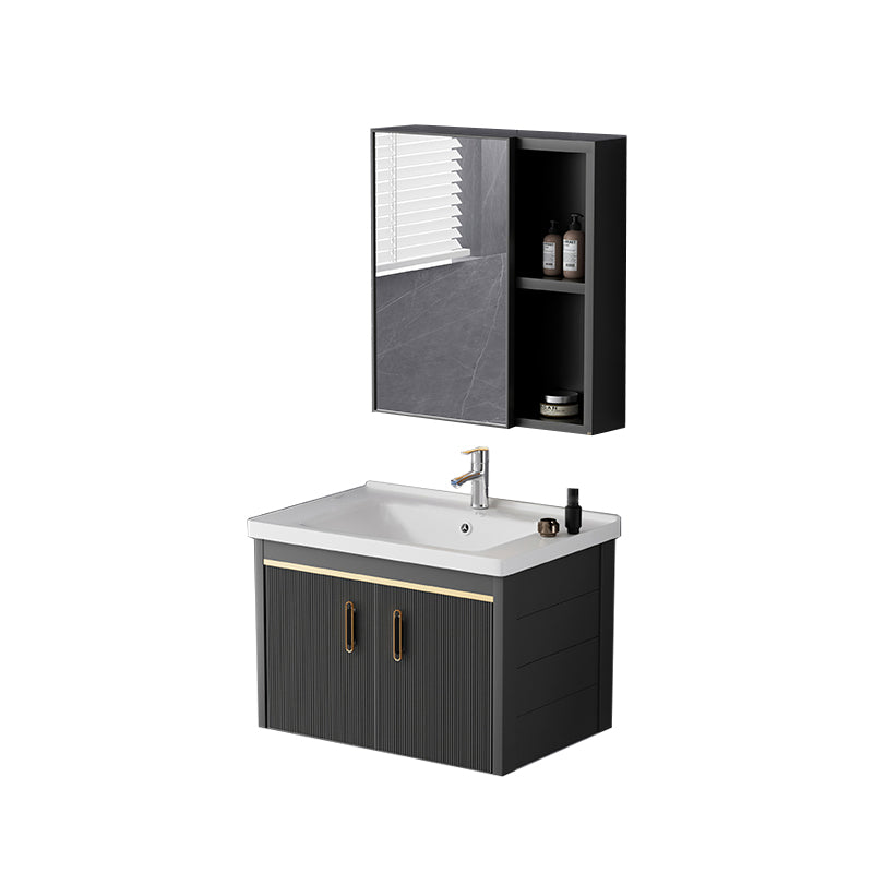 Glam Single-Sink Bathroom Vanity Dark Black Ceramic Rectangular Vanity Set Vanity & Faucet & Mirror Cabinet 24"L x 16"W x 16"H Ceramic Clearhalo 'Bathroom Remodel & Bathroom Fixtures' 'Bathroom Vanities' 'bathroom_vanities' 'Home Improvement' 'home_improvement' 'home_improvement_bathroom_vanities' 7572990