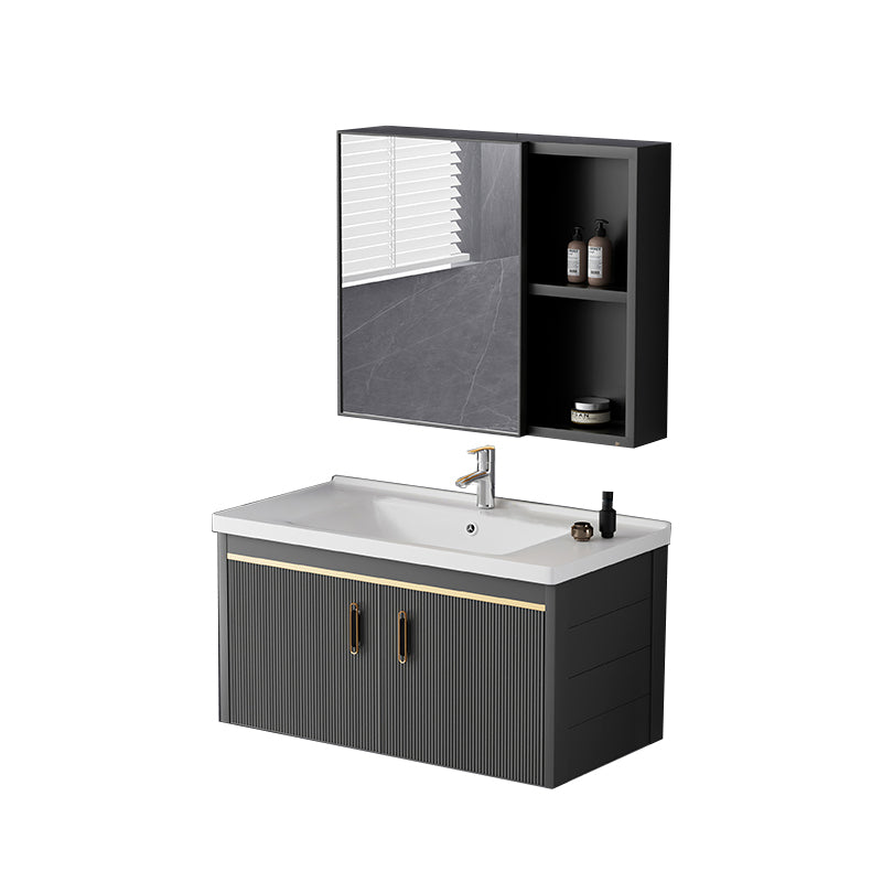 Glam Single-Sink Bathroom Vanity Dark Black Ceramic Rectangular Vanity Set Vanity & Faucet & Mirror Cabinet 31"L x 19"W x 16"H Ceramic Clearhalo 'Bathroom Remodel & Bathroom Fixtures' 'Bathroom Vanities' 'bathroom_vanities' 'Home Improvement' 'home_improvement' 'home_improvement_bathroom_vanities' 7572992