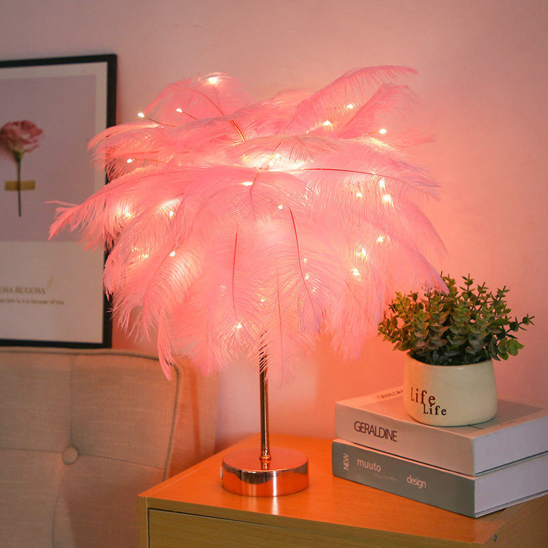 Pink/White Palmtree Night Lamp Modern Stylish Feather Battery Powered LED Table Light with Chargeable USB Port Clearhalo 'Night Lights' 'Wall Lights' Lighting' 757308