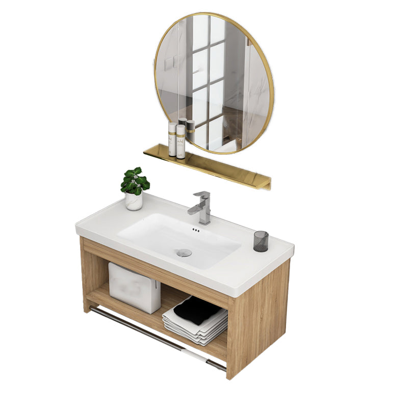 Modern Sink Vanity Rectangular Ceramic Top Single Wall Mount Vanity Vanity & Faucet & Round Mirror 32"L x 16"W x 17"H Clearhalo 'Bathroom Remodel & Bathroom Fixtures' 'Bathroom Vanities' 'bathroom_vanities' 'Home Improvement' 'home_improvement' 'home_improvement_bathroom_vanities' 7573098