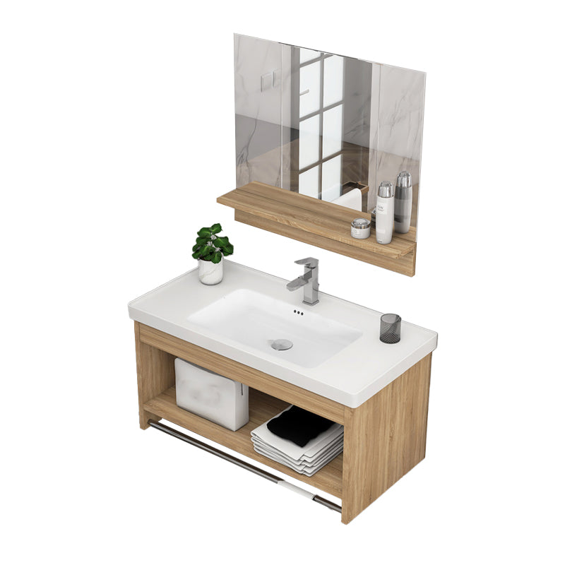 Modern Sink Vanity Rectangular Ceramic Top Single Wall Mount Vanity Vanity & Faucet & Square Mirror 28"L x 16"W x 17"H Clearhalo 'Bathroom Remodel & Bathroom Fixtures' 'Bathroom Vanities' 'bathroom_vanities' 'Home Improvement' 'home_improvement' 'home_improvement_bathroom_vanities' 7573111