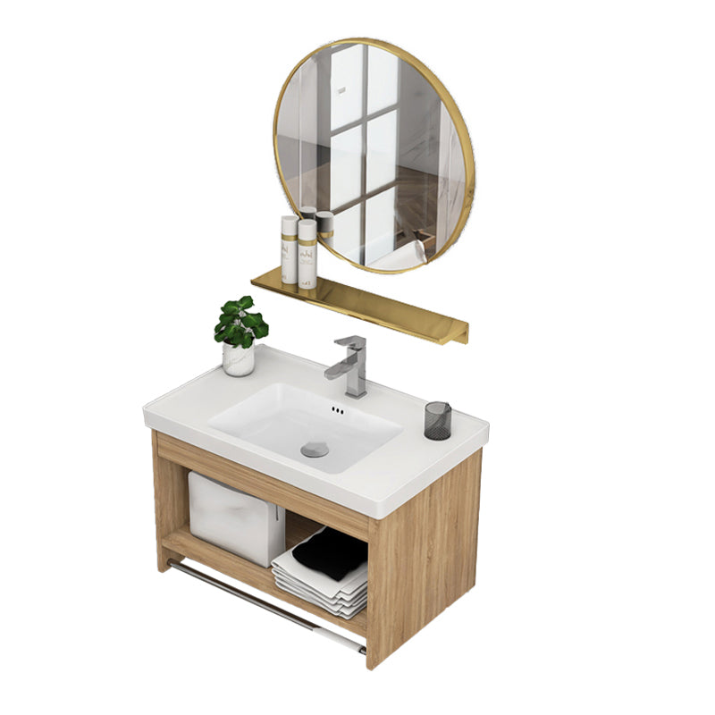 Modern Sink Vanity Rectangular Ceramic Top Single Wall Mount Vanity Vanity & Faucet & Round Mirror 24"L x 16"W x 15"H Clearhalo 'Bathroom Remodel & Bathroom Fixtures' 'Bathroom Vanities' 'bathroom_vanities' 'Home Improvement' 'home_improvement' 'home_improvement_bathroom_vanities' 7573122