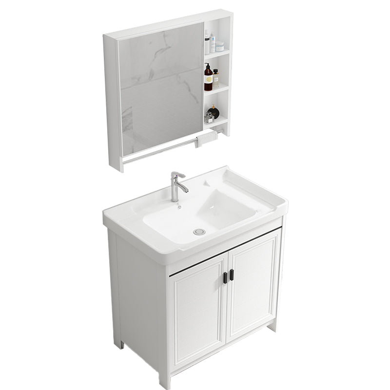 Modern Rectangular Bath Vanity White Ceramic Single Freestanding Sink Vanity Vanity & Faucet & Mirror Cabinet 32"L x 19"W x 32"H Towel Bar Included Clearhalo 'Bathroom Remodel & Bathroom Fixtures' 'Bathroom Vanities' 'bathroom_vanities' 'Home Improvement' 'home_improvement' 'home_improvement_bathroom_vanities' 7573152