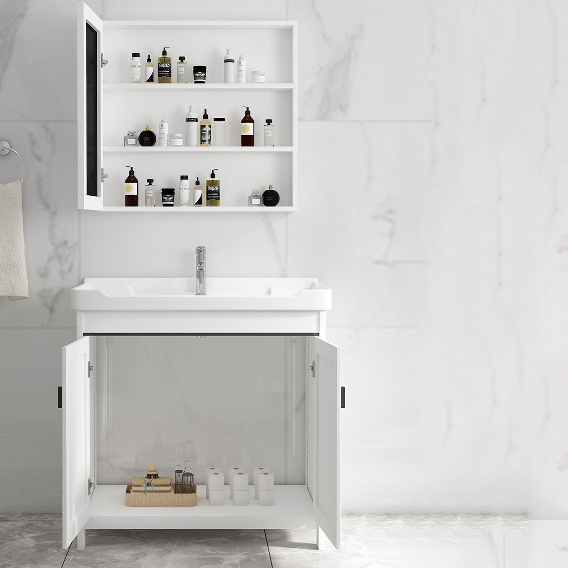 Modern Rectangular Bath Vanity White Ceramic Single Freestanding Sink Vanity Clearhalo 'Bathroom Remodel & Bathroom Fixtures' 'Bathroom Vanities' 'bathroom_vanities' 'Home Improvement' 'home_improvement' 'home_improvement_bathroom_vanities' 7573153