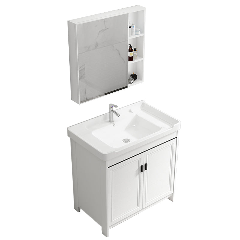 Modern Rectangular Bath Vanity White Ceramic Single Freestanding Sink Vanity Vanity & Faucet & Mirror Cabinet 32"L x 19"W x 32"H Towel Bar Not Included Clearhalo 'Bathroom Remodel & Bathroom Fixtures' 'Bathroom Vanities' 'bathroom_vanities' 'Home Improvement' 'home_improvement' 'home_improvement_bathroom_vanities' 7573164